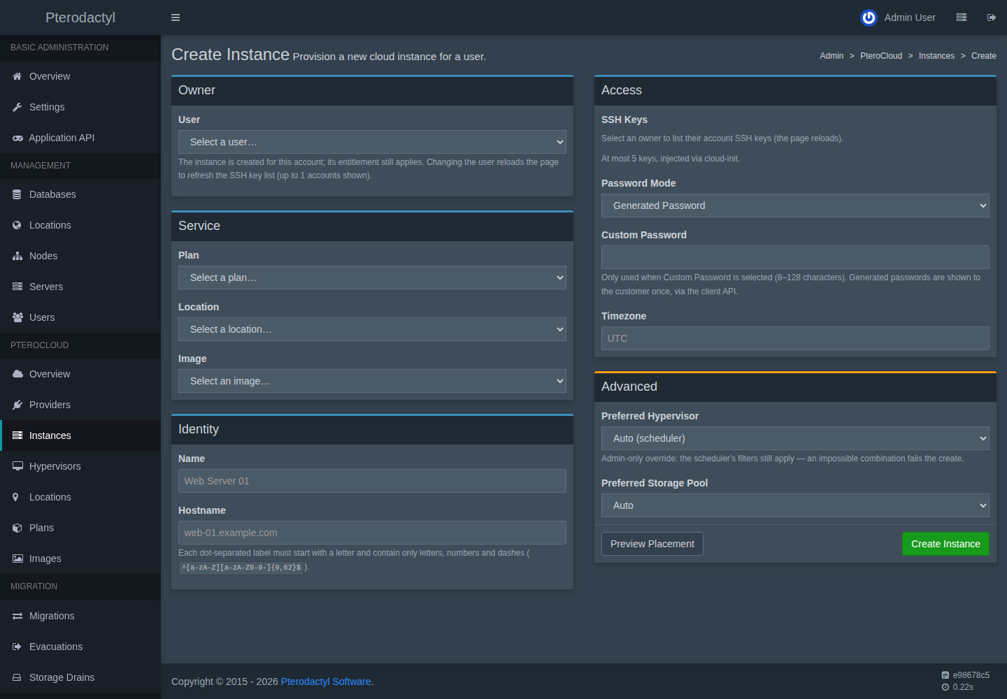 Create-instance wizard
